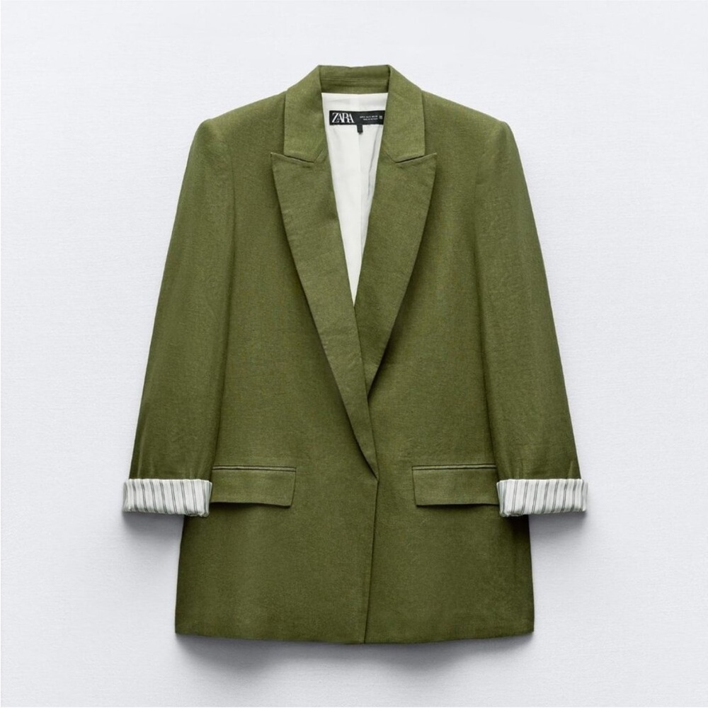 Zara Linen Blend Roll Up Sleeve Open Front Blazer, S